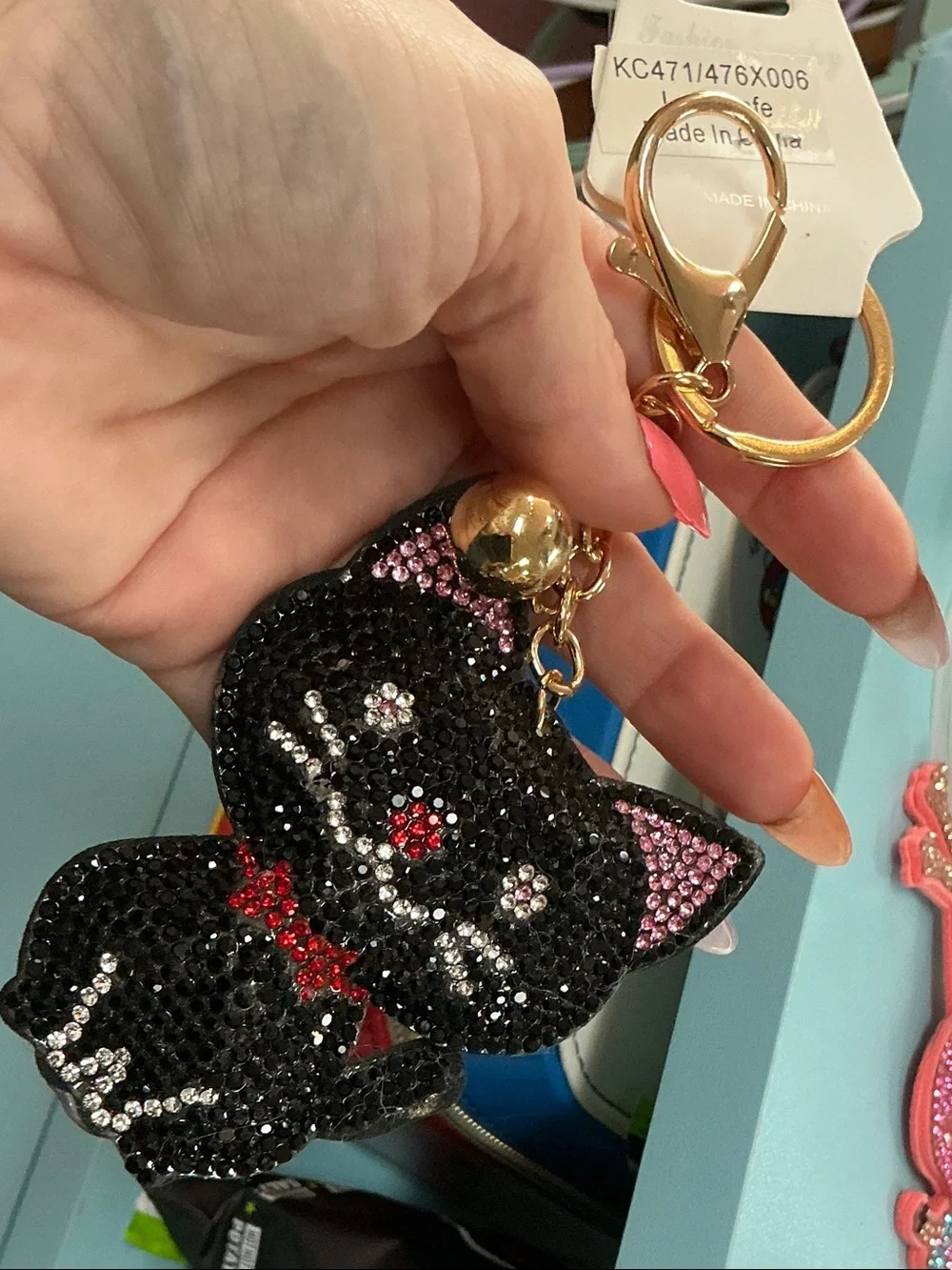 Fashion Jewelry Black Cat Crystal Key & Card Holder with Pink and Red Accents